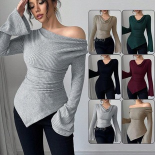 Off Shoulder Top - Women's Blouse Longsleeve Solid Color Long