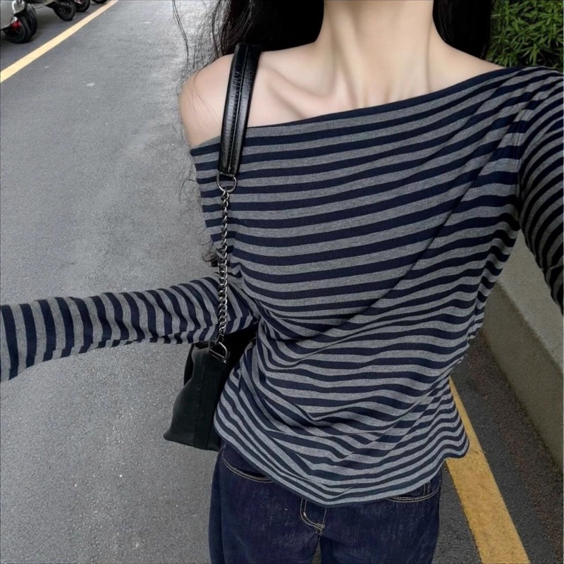 Off Shoulder Top - Women Vintage Striped Off Shoulder Long