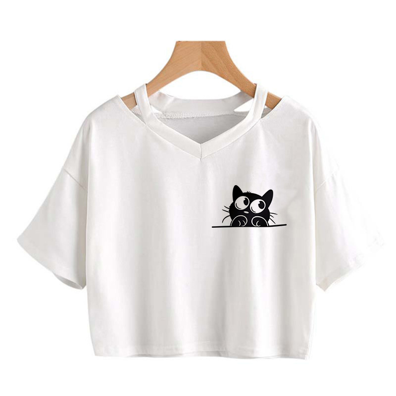 Women'S Fashion From The 90S - Funny Black Cat Print Cropped T